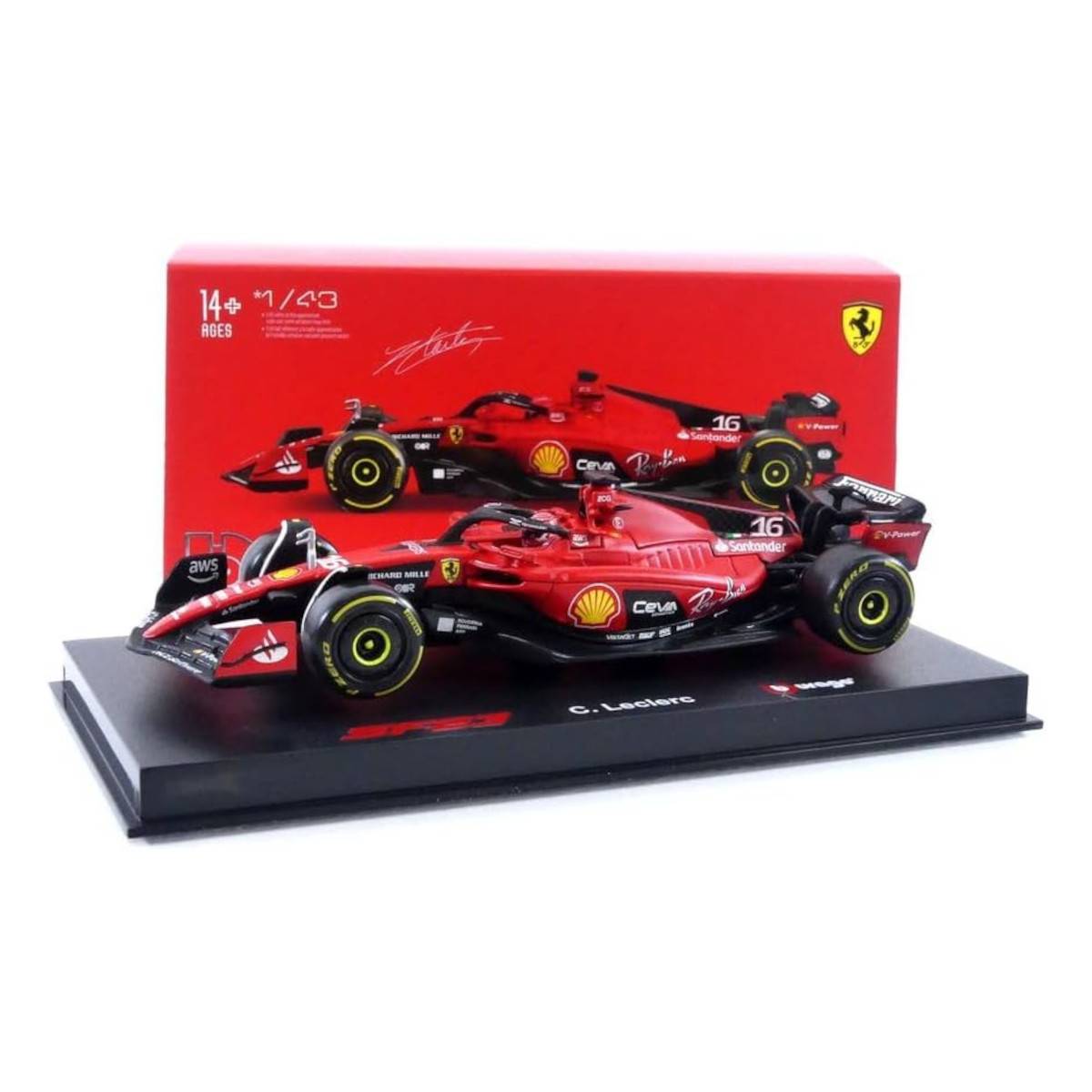 Bburago 18-36835L - Modellauto - F1 Ferrari SF-23 #16 Leclerc (mit Helm, Maßstab 1:43) Formel 1