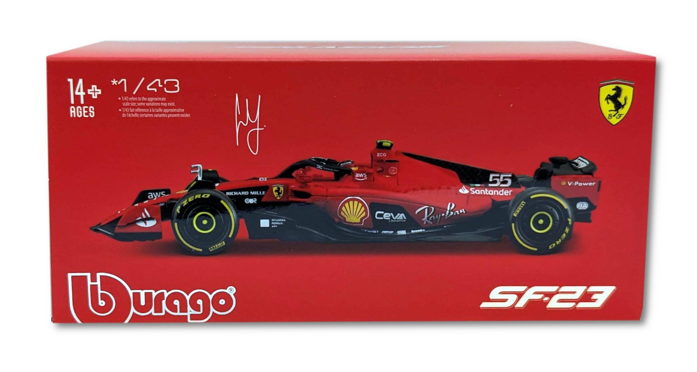 Bburago 18-36835S - Modellauto - F1 Ferrari SF-23 #55 Sainz (mit Helm, Maßstab 1:43) Formel 1 Auto