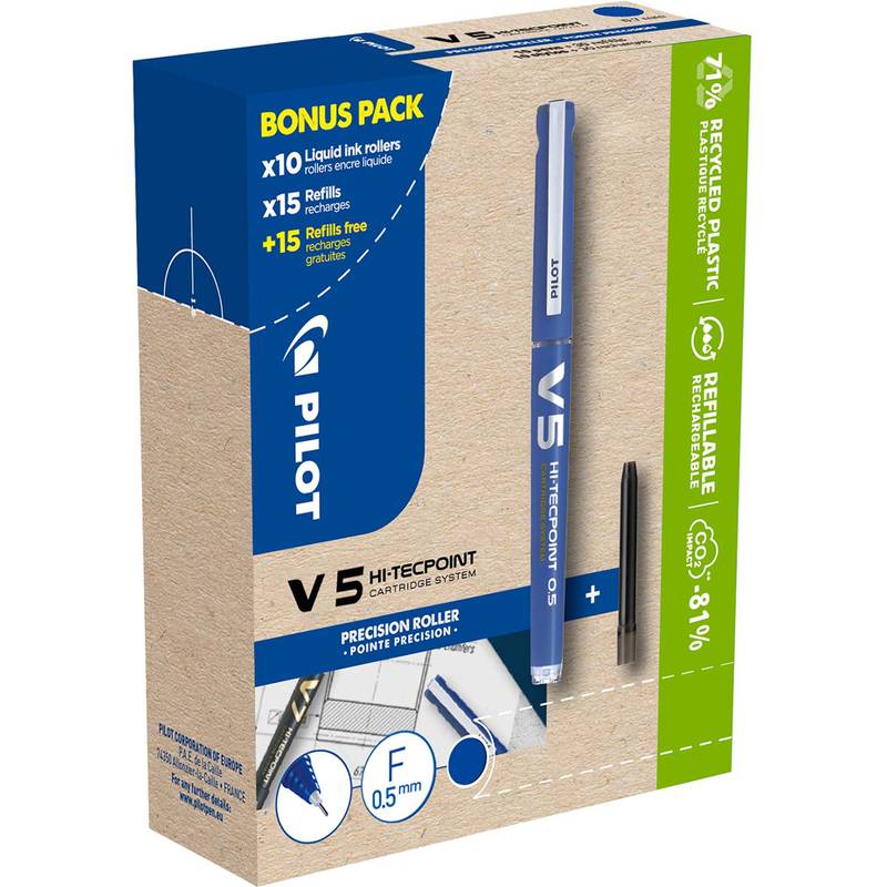 Pilot V5 Precise Point Roller Pen Bonus Pack mit x10 Flüssigtusche-Rollern, x15 Nachfüllungen und recycelter Kunststoffverpackung.