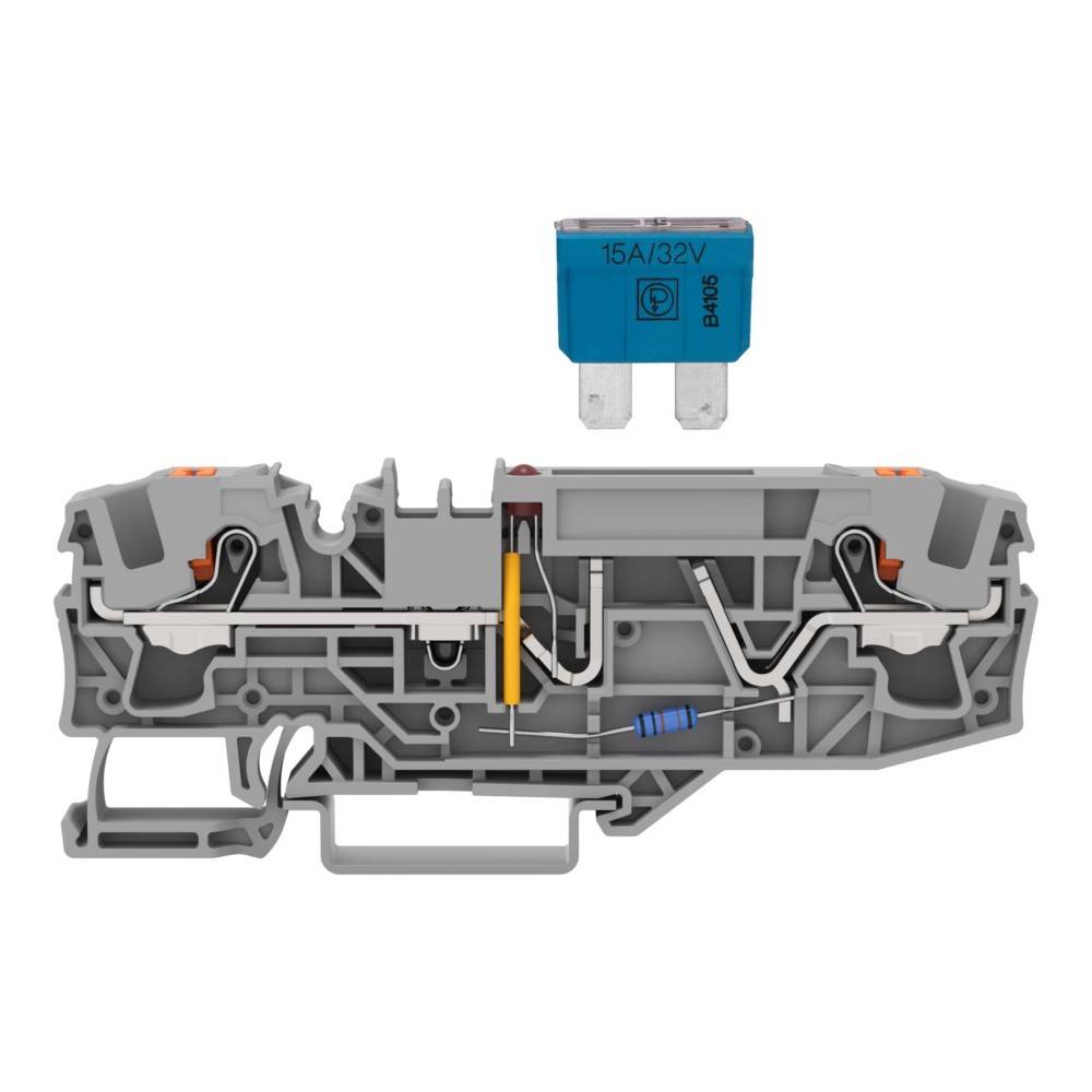 Ein Querschnitt eines industriellen elektrischen Klemmblocks mit einer separaten 15A-Sicherung oben.