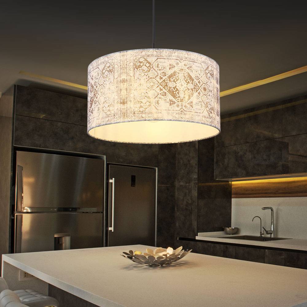 Hängelampe Hängeleuchte Pendellampe Schirmleuchte Esszimmerlampe Pendelleuchte, Textilschirm gemustert blau grau schwarz, Höhenverstellbar E27 Fass