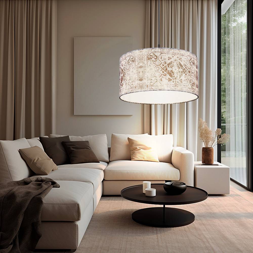 Hängelampe Hängeleuchte Pendellampe Schirmleuchte Esszimmerlampe Pendelleuchte, Textilschirm gemustert blau grau schwarz, Höhenverstellbar E27 Fass