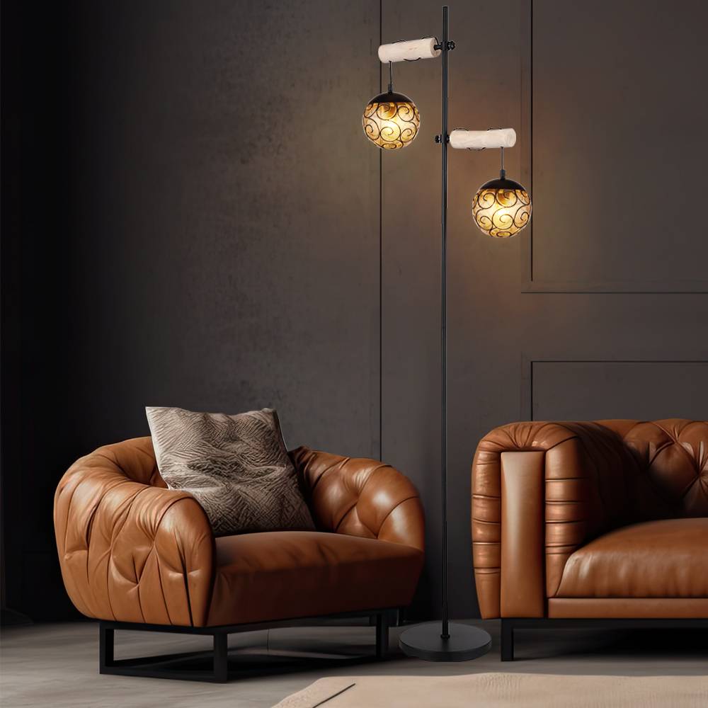 Stehlampe Stehleuchte Standlampe Beistellleuchte Wohnzimmerlampe, Höhenverstellbar, Holz naturfarben Glasschirme amber Metall schwarz, 2x E27