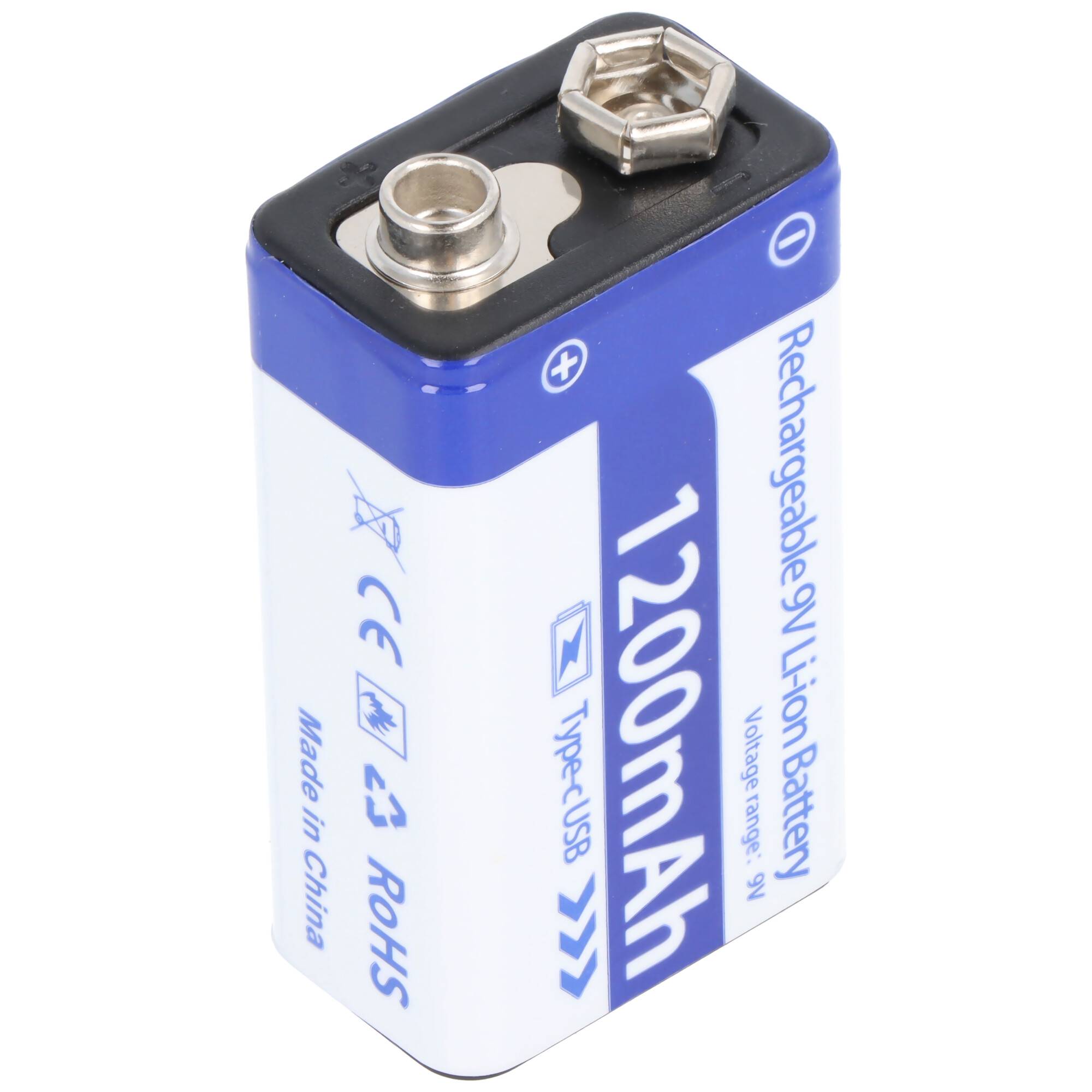 Wiederaufladbare 9V-Lithium-Ionen-Batterie mit der Bezeichnung „1200mAh