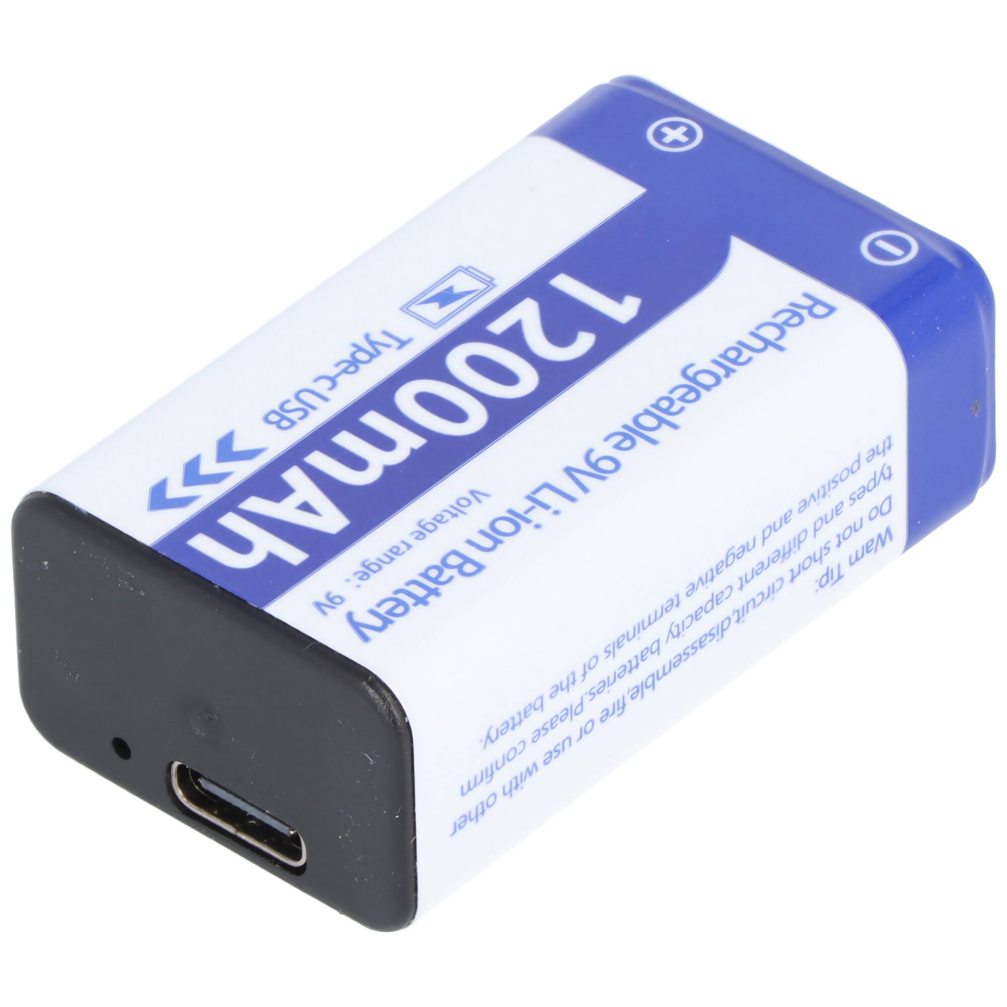 Eine blau-weiße 1200-mAh-Lithium-Ionen-Batterie mit USB-C-Ladeanschluss an einem Ende.