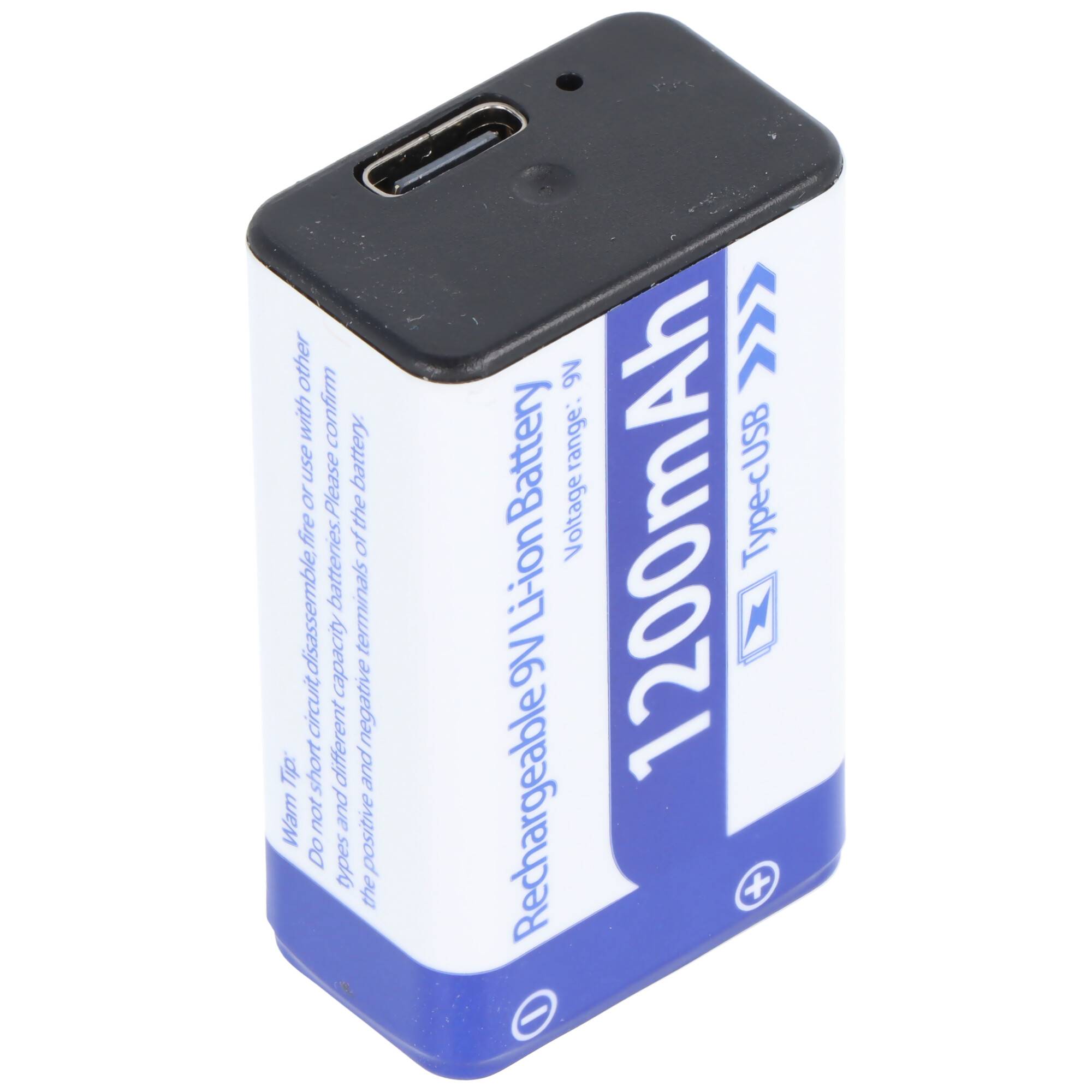 Ein wiederaufladbarer 1200-mAh-9V-Lithium-Ionen-Akku mit integriertem USB-C-Ladeanschluss.