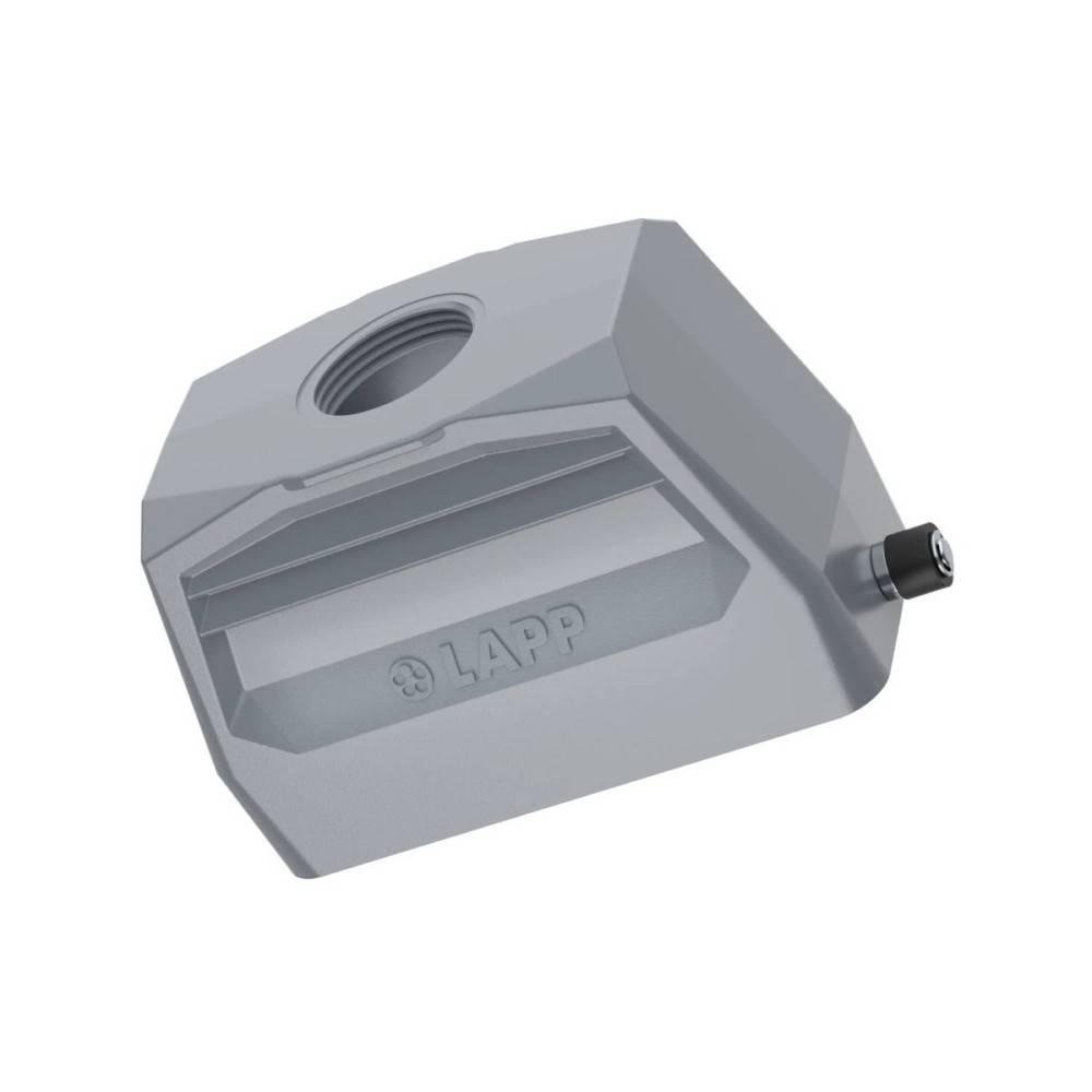 Ein graues sechseckiges Stecker-Gehäuse mit der Bezeichnung „LAPP