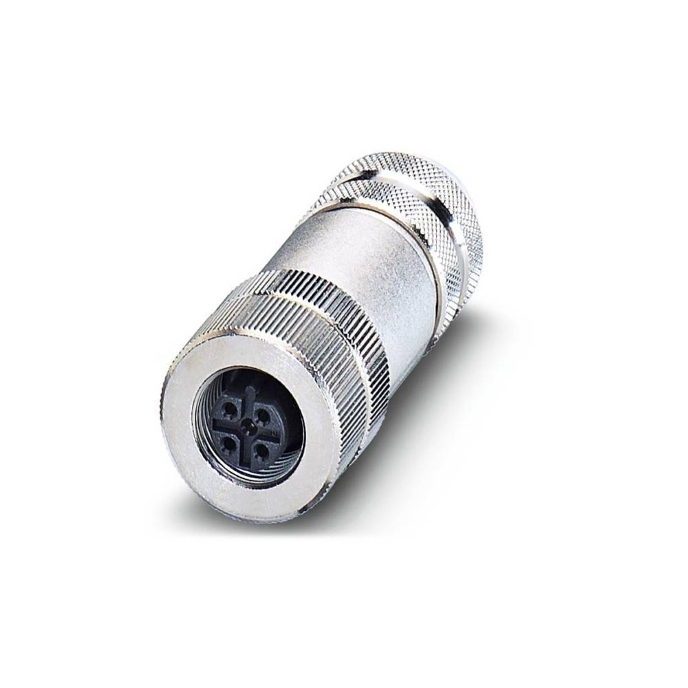 Ein metallischer zylindrischer elektrischer Stecker mit einer runden Stirnseite und vier Stiftnuten, verwendet für sichere Verbindungen in elektronischen Geräten.