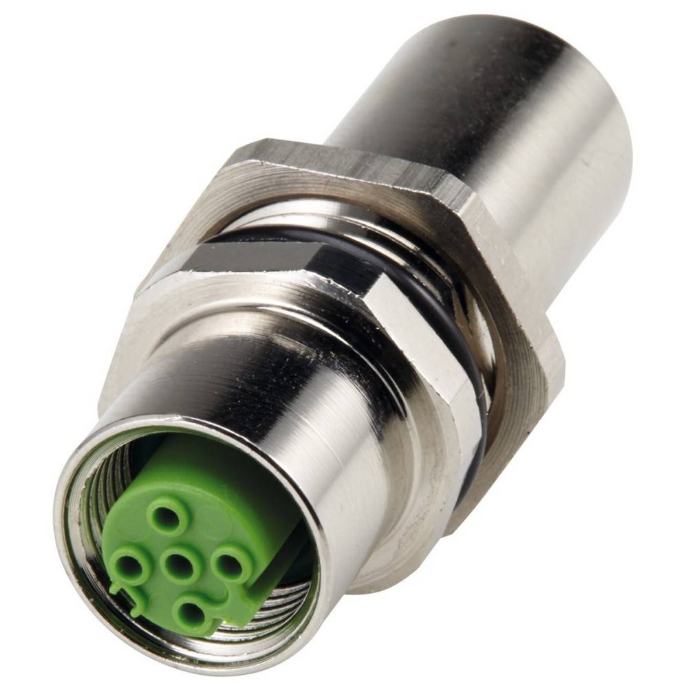 Ein metallischer Stecker mit zylindrischer Form und einer grünen Fünf-Pol-Buchse an einem Ende, der für elektronische Verbindungen verwendet wird.