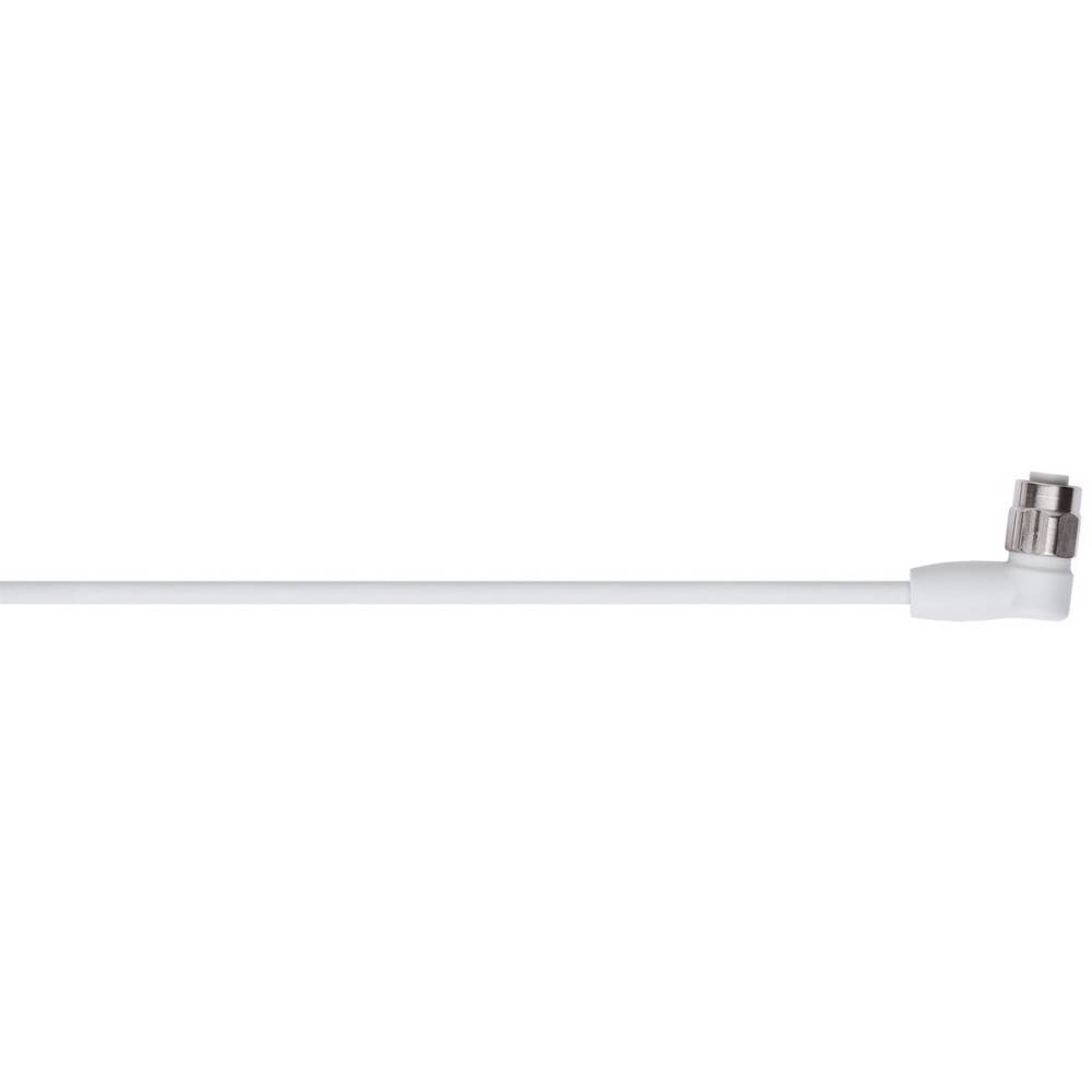 Ein weißes HF-Koaxialkabel mit einem Stecker im rechten Winkel an einem Ende, verwendet zum Verbinden von Fernsehkabelantennen oder Kabelfernsehdienstleistungen.