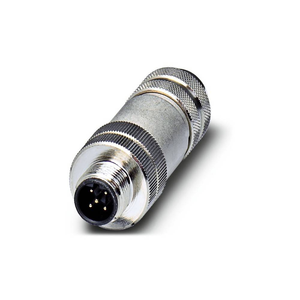 Ein metallischer zylindrischer Verbinder mit Gewinde an den Enden und vier Stiften, der zum Verbinden von elektronischen Geräten verwendet wird.