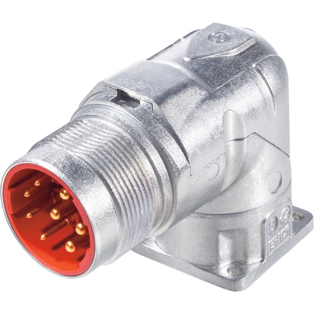 Ein metallischer rechtwinkliger Industriestecker mit mehreren orangefarbenen Kontakten im Inneren, konzipiert für den Einsatz in elektrischen oder mechanischen Anwendungen.