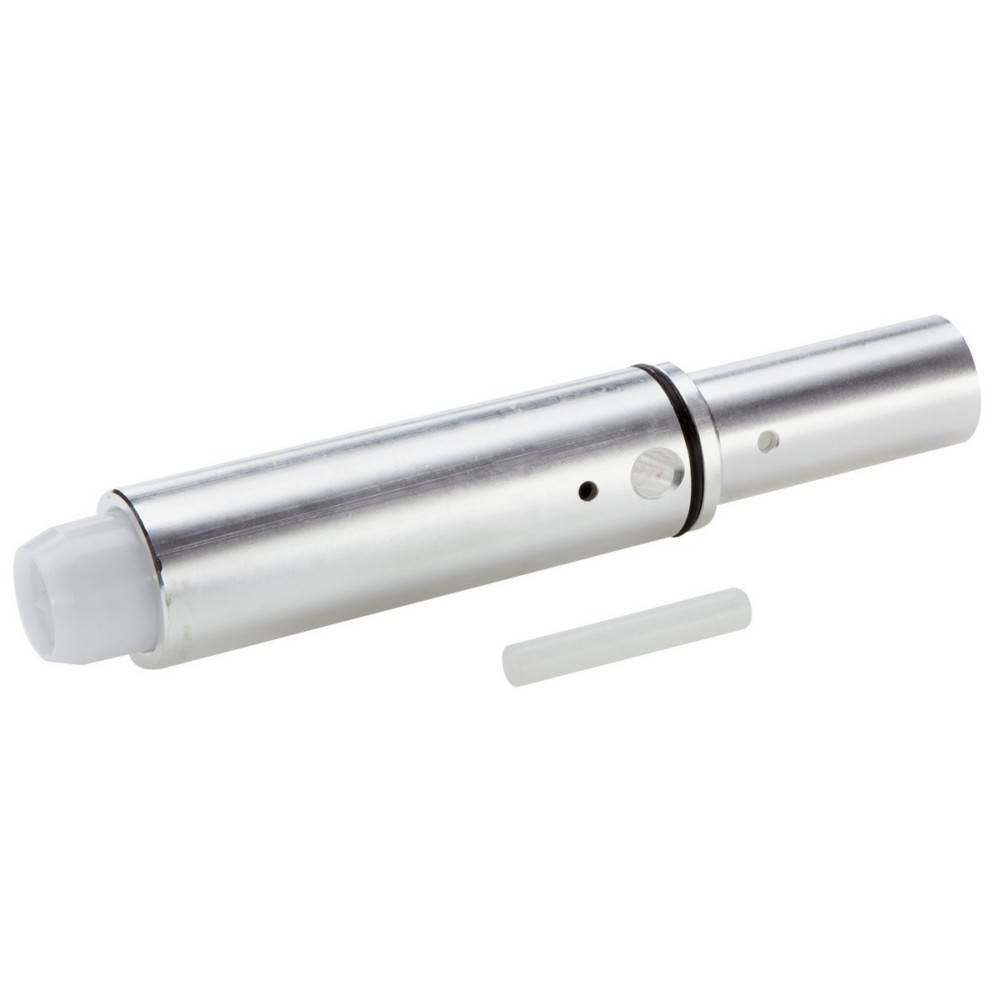 Ein dünnes, zylindrisches Metallwerkzeug mit einer weißen Kappe an einem Ende, begleitet von einem kleinen, separaten weißen Stab. Wahrscheinlich ein mechanisches Bauteil.
