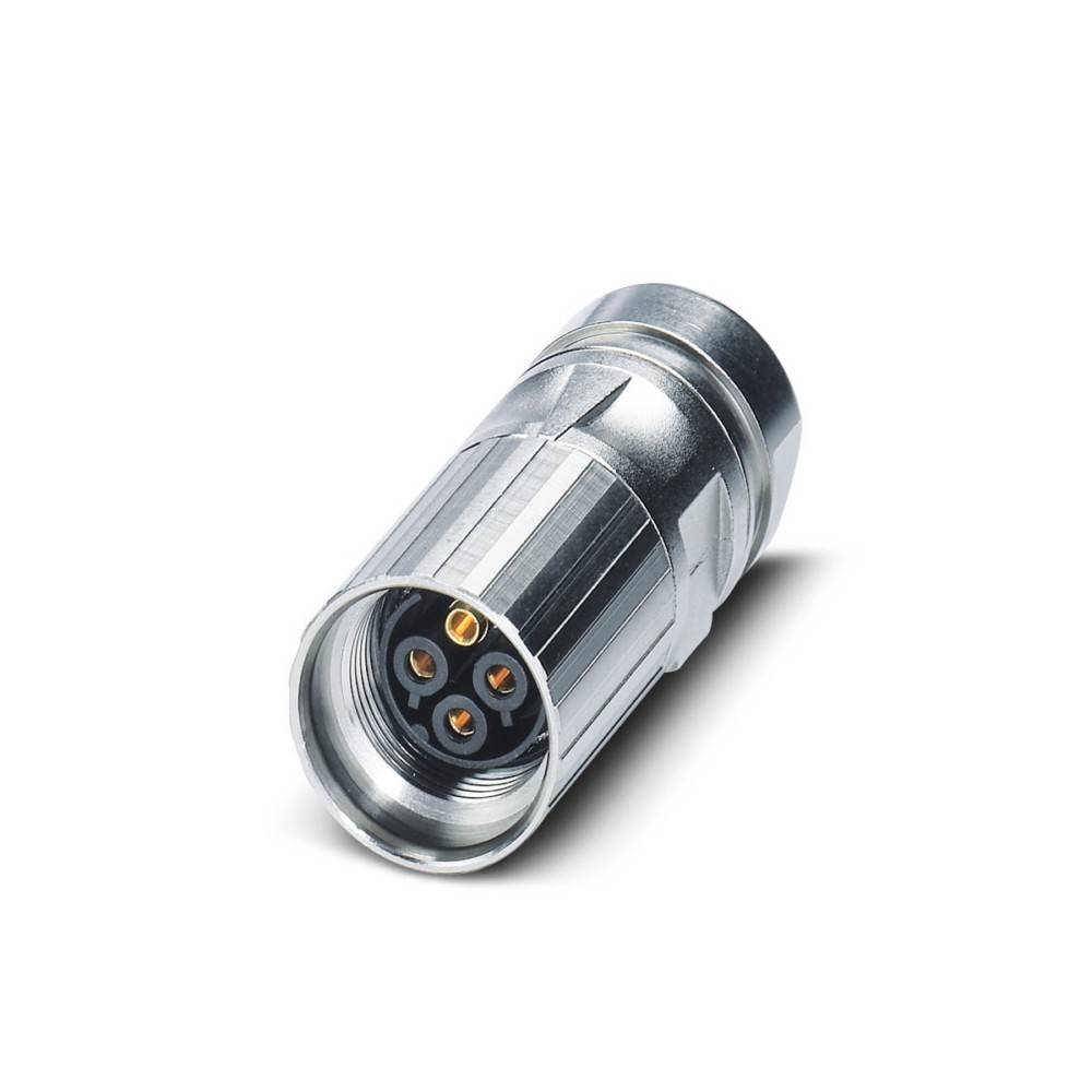 Ein zylindrischer Metall-Mehrfach-Steckverbinder mit fünf goldfarbenen Stiften am offenen Ende, verwendet für elektronische oder Audio-Geräteverbindungen.