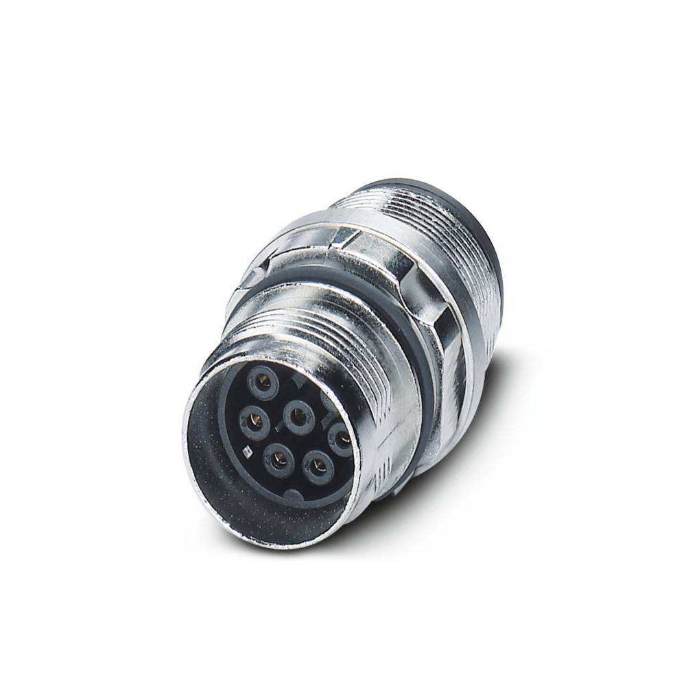 Ein kreisförmiger Metallstecker mit sieben kleinen Stiften im Inneren, verwendet für elektronische oder industrielle Anwendungen.
