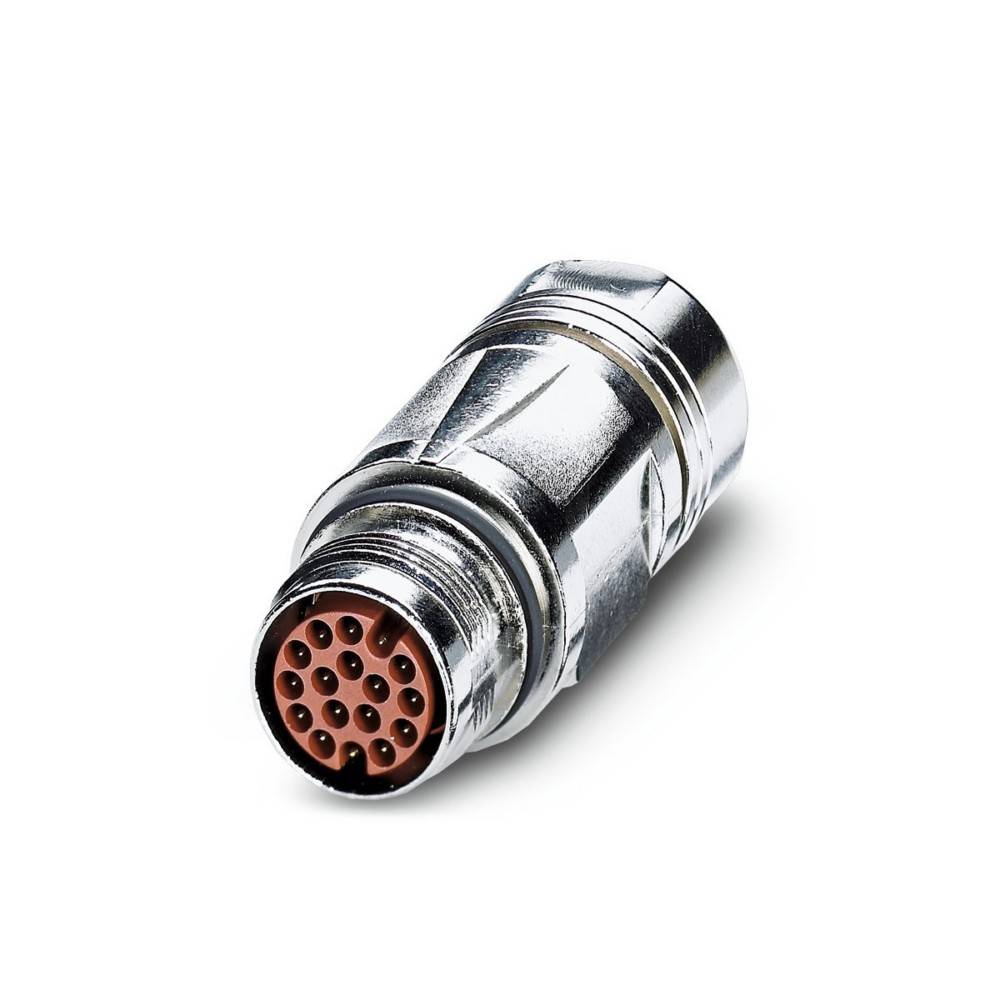 Ein metallischer Industrie-Stecker mit mehreren kleinen Stiftkontakten für elektronische Verbindungen auf weißem Hintergrund.