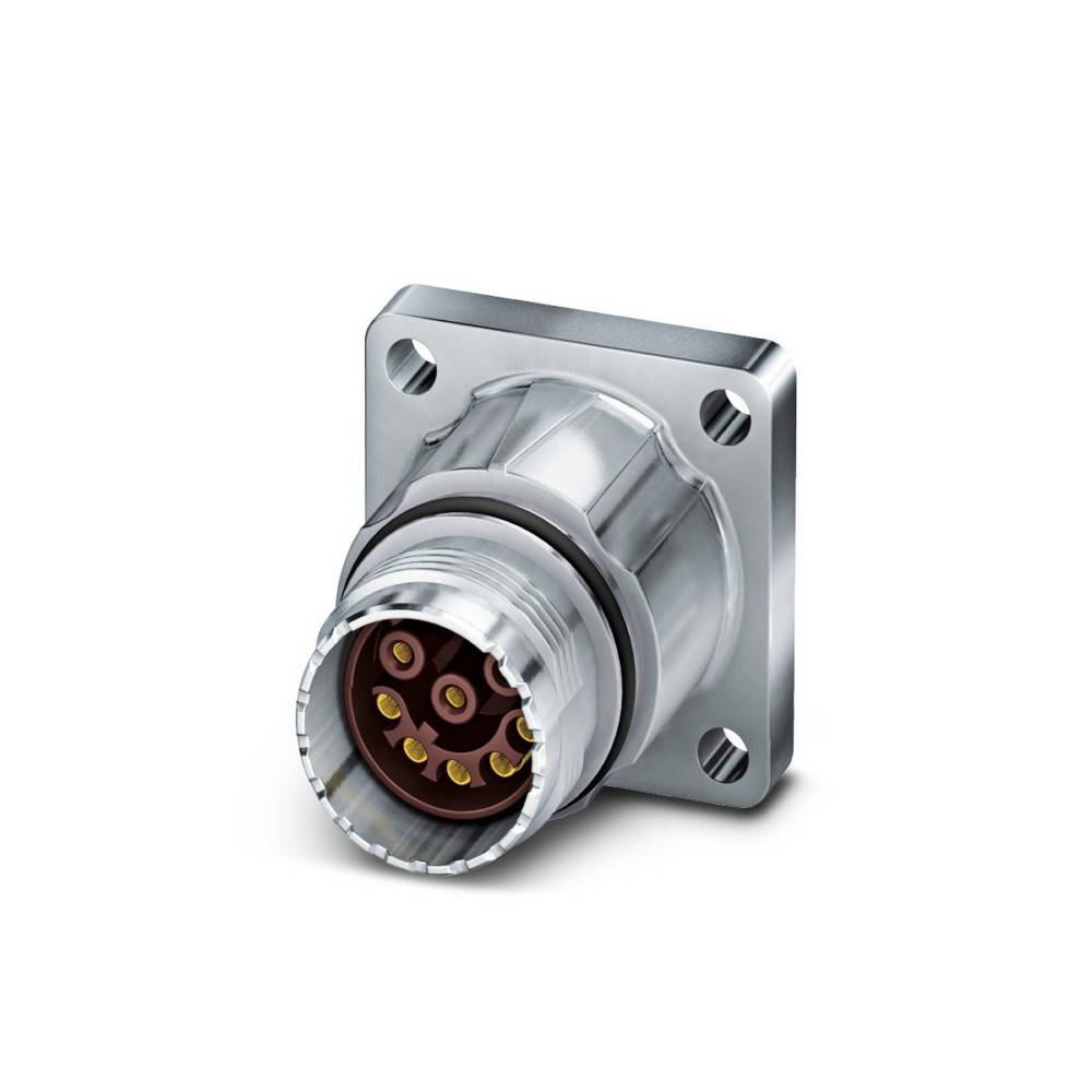 Ein silberner elektrischer Stecker mit mehreren kreisförmigen Stiften ist auf einem quadratischen Flansch montiert; wird für industrielle oder elektronische Anwendungen verwendet.