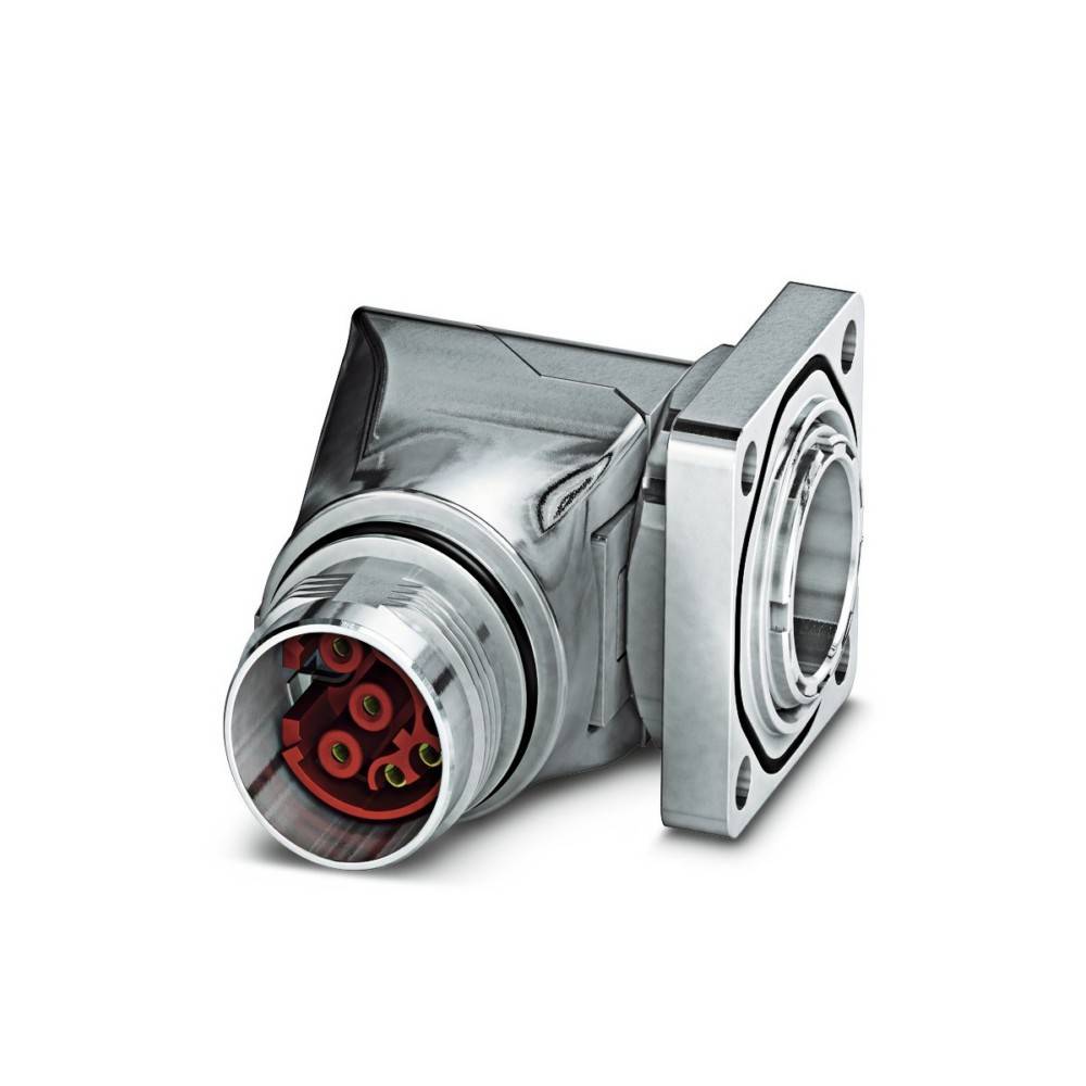 Ein metallischer rechtwinkliger Industriestecker mit mehreren sichtbaren runden Stiften, der für robuste elektrische Verbindungen in Maschinen verwendet wird.