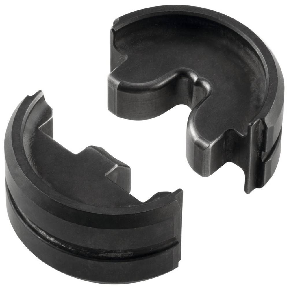 Eine schwarze Metallkomponente, aufgeteilt in zwei ineinandergreifende Hälften, mit Rippen und einem gekrümmten Design, möglicherweise verwendet für mechanische Montage.