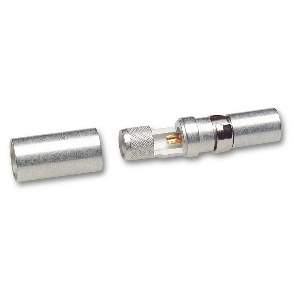 Ein teilweise zerlegter metallischer Koaxialkabelstecker, der seine innere Struktur mit einem zentralen Kupferstift und einem äußeren Gehäuse zeigt.