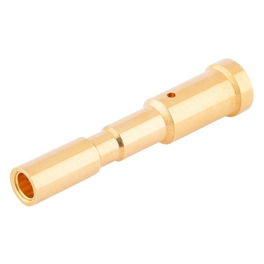 Ein goldfarbener Metalladapter mit zylindrischen Abschnitten, wahrscheinlich zum Verbinden oder Verlängern von Kabeln oder Schläuchen verwendet.