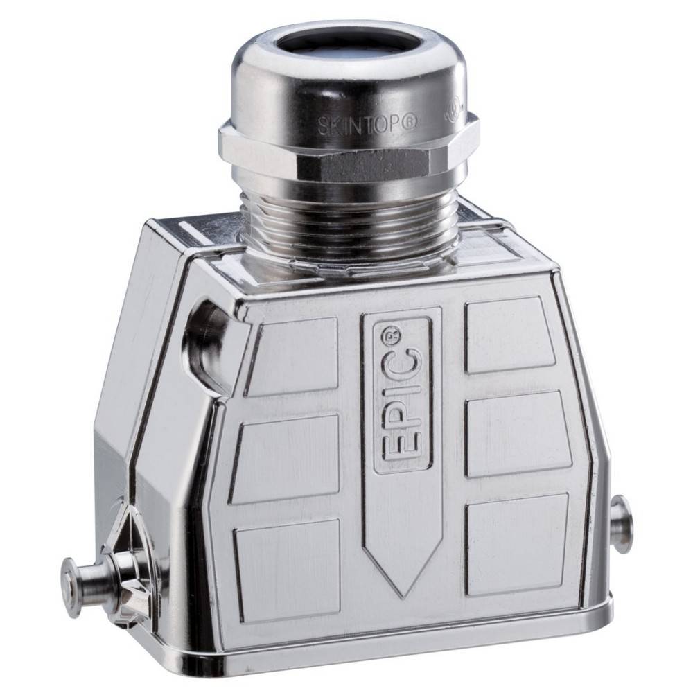Ein metallisches EPIC® Industriesteckergehäuse mit Kabeleinführung oben, das eine robuste Konstruktion für sichere elektrische Verbindungen bietet.