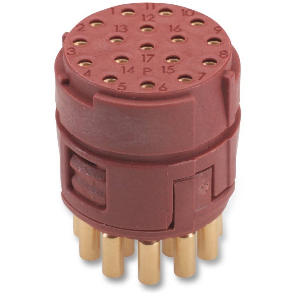 Ein zylindrischer Drehschalter mit rotem Kunststoffgehäuse und 12 nummerierten Kontaktpunkten auf der Oberseite, mit mehreren metallischen Stiften an der Basis.