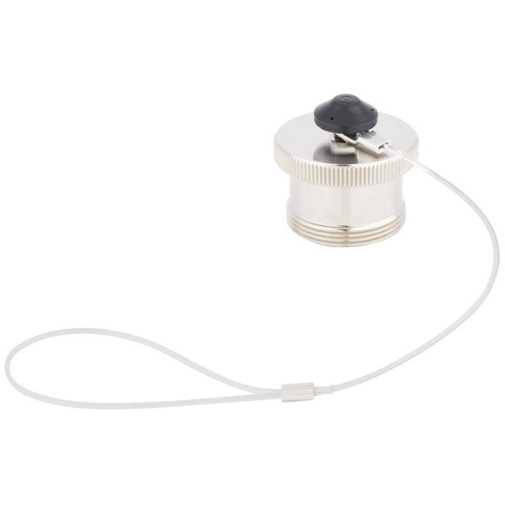 Eine silberfarbene Metallstaubkappe mit Gewinde und Kabelschlaufe, entwickelt zum Abdecken und Schützen des Steckerports auf elektronischen Geräten.