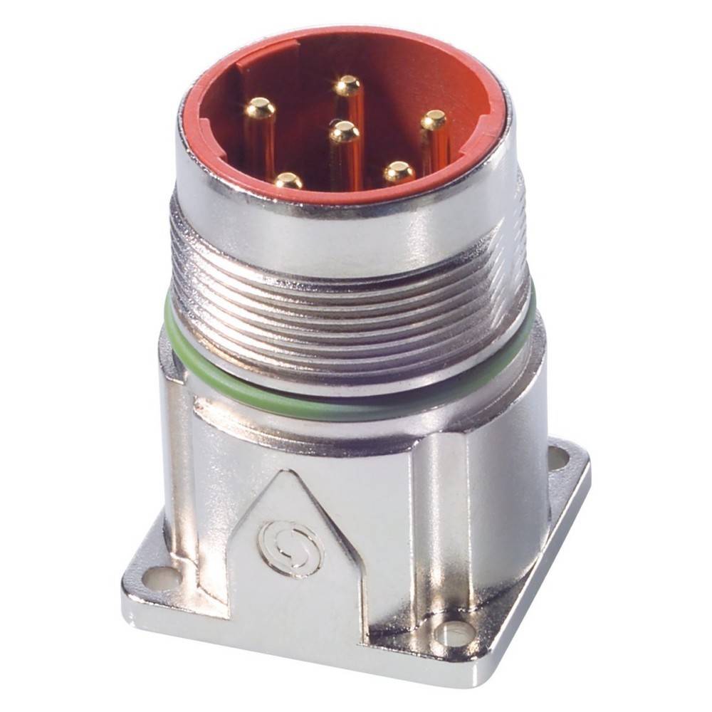 Ein zylindrischer MehrPin-Elektrostecker mit metallischem Gehäuse und rotem Inneren, der für Verbindungen elektronischer Geräte verwendet wird.