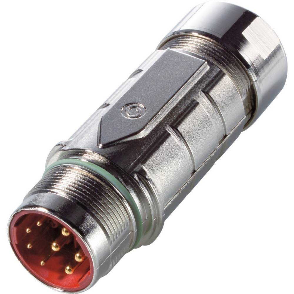 Ein metallischer zylindrischer Stecker mit mehreren vergoldeten Stiften und einem roten Inneren wird in einem Winkel dargestellt und hebt sein präzisionsgefertigtes Design hervor.