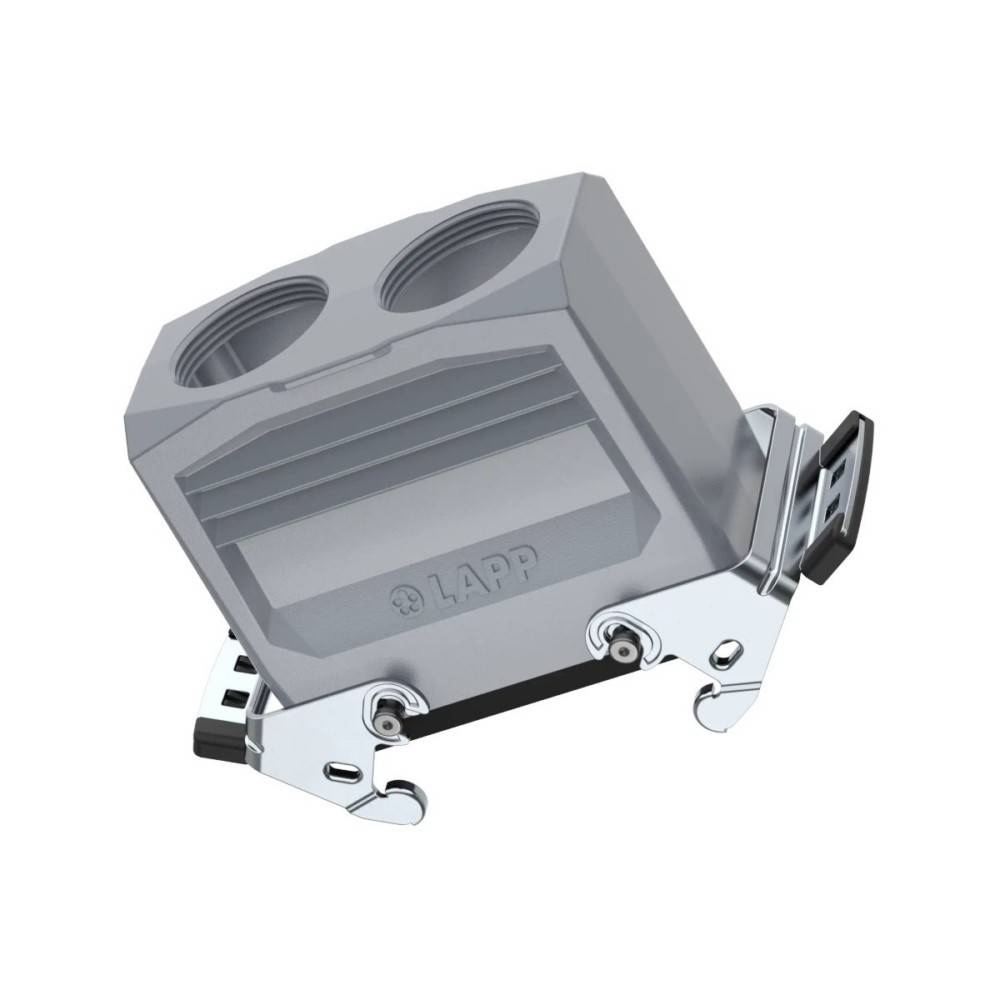 Ein grauer Industriestecker mit leichter Neigung, mit zwei Öffnungen oben für die Kabeleinführung und einem metallischen Verriegelungsmechanismus an der Basis.