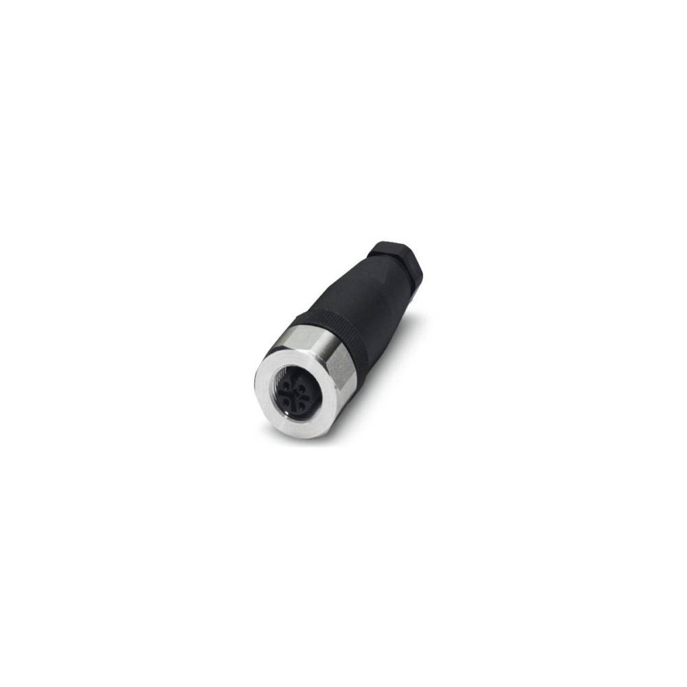 Ein schwarzes Audiokabelverbindungsstück, das auf weißem Hintergrund liegt und eine silberne Metallspitze mit vier Anschlusslöchern zeigt.