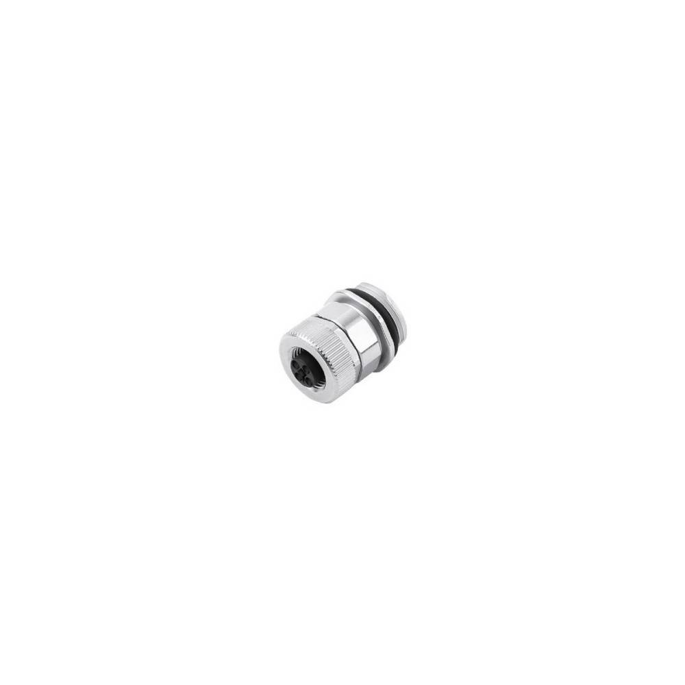 Ein kleiner, silberner metallischer Stecker oder Verbinder mit Rillen und einem inneren Ring, der zum Verbinden von zwei Rohren oder Kabeln verwendet wird.