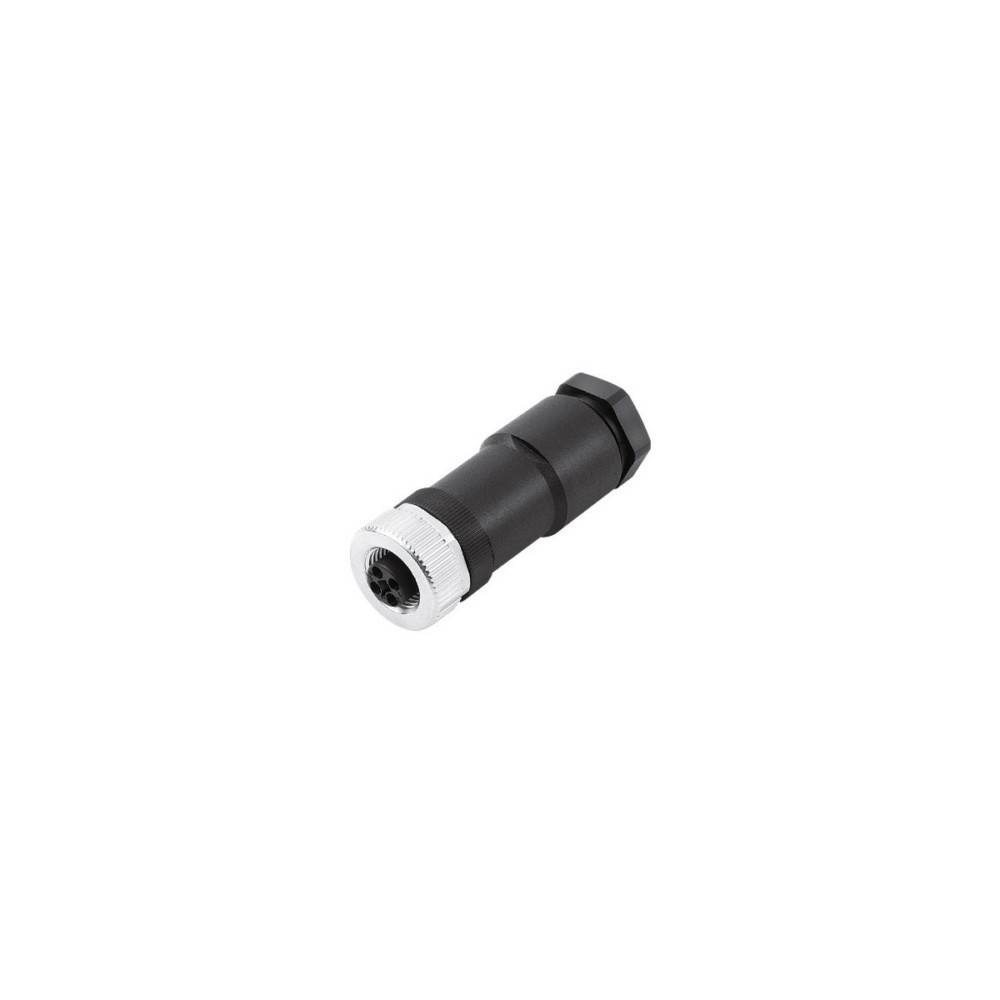 Ein schwarzer und silberner sechseckiger Stecker oder Adapter, wahrscheinlich für Kabel oder Maschinen verwendet, vor einem einfachen weißen Hintergrund dargestellt.