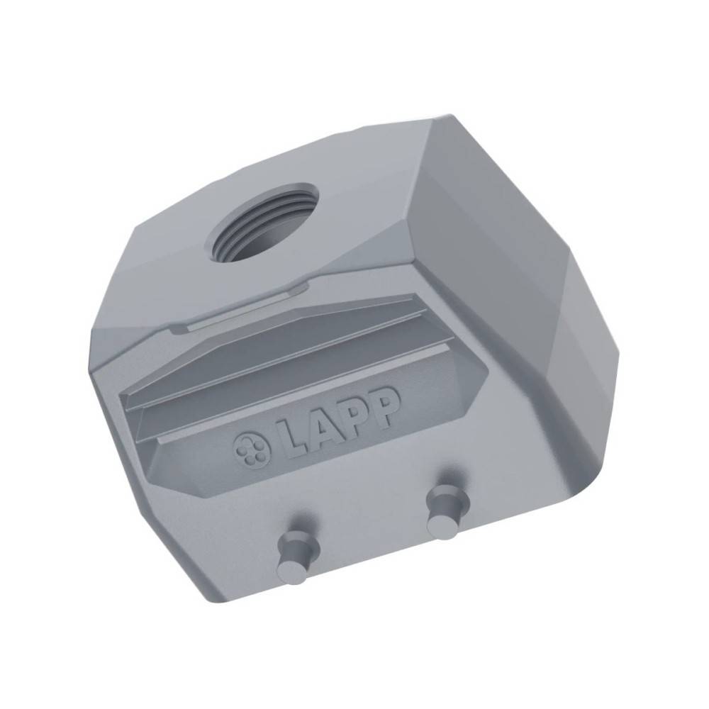 Eine graue sechseckige Klemme oder ein Stecker mit dem eingepressten Markennamen 'LAPP', mit einer Gewindebohrung oben und zwei Vorsprüngen am unteren Ende.