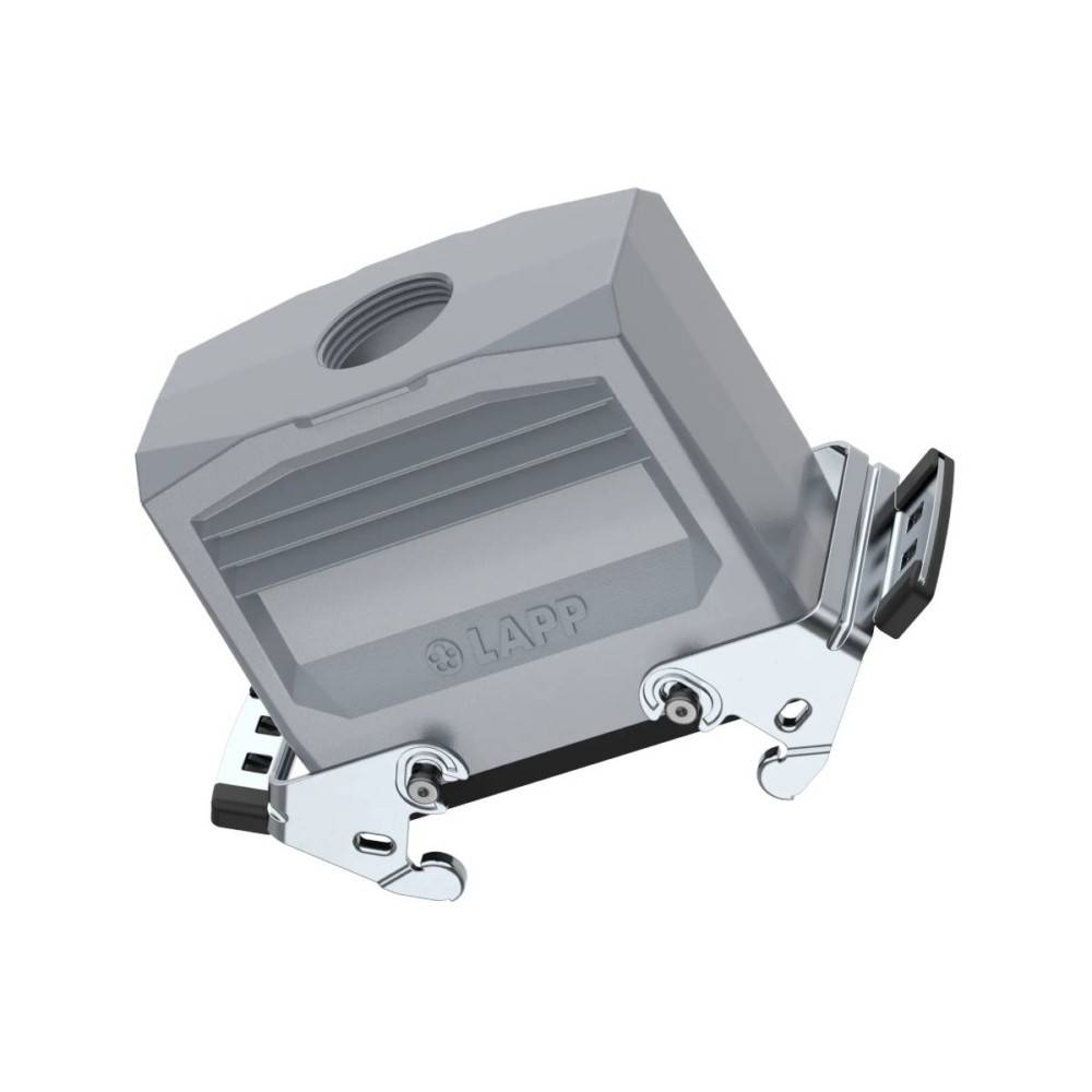 Ein grauer LAPP-Industriestecker mit metallischen Klammern, wahrscheinlich zur Sicherung oder Kopplung von Kabeln in elektrischen oder mechanischen Anwendungen verwendet.