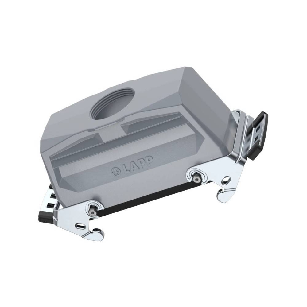 Ein grauer rechteckiger Elektrostecker mit einer Gewindebohrung oben, metallischen Verschlussbügeln an den Seiten und dem eingeprägten Logo 