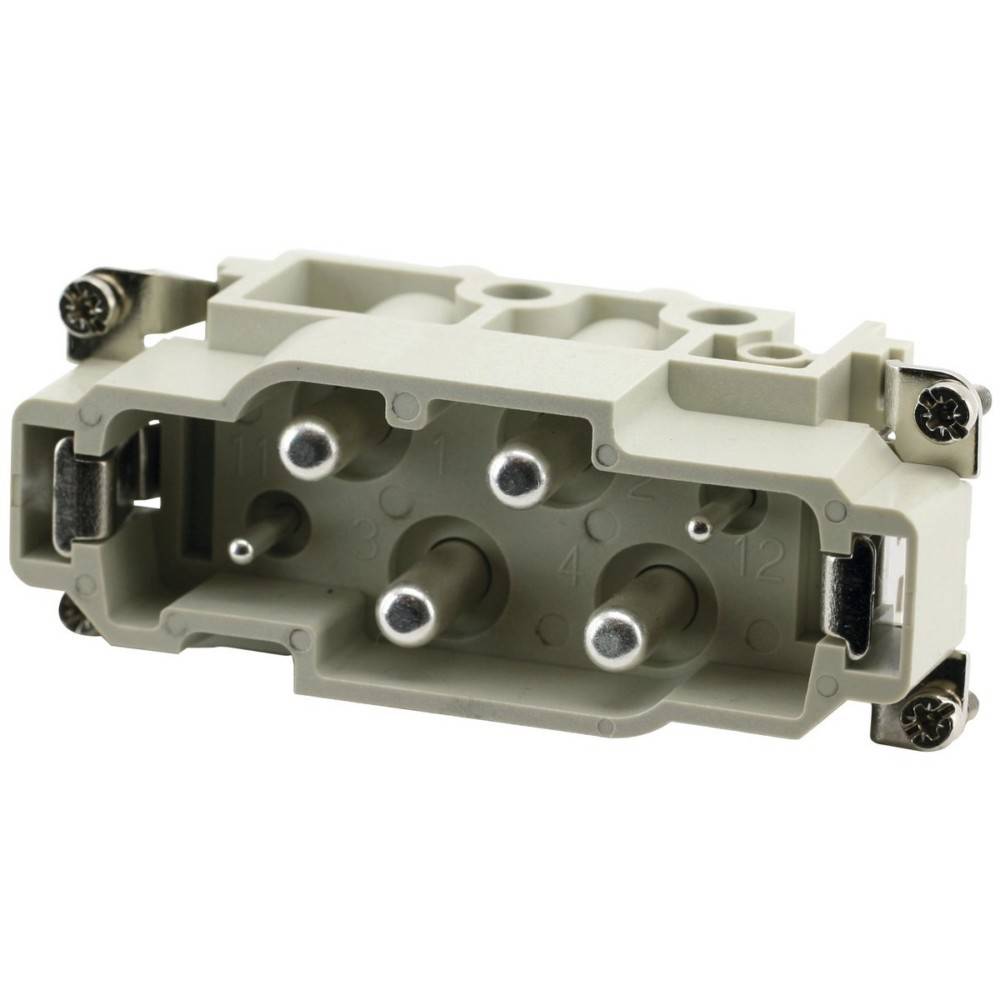 Ein grauer Industriestromstecker mit vier runden Stiften und Nummerierungsdetails, der für robuste Stromverbindungen verwendet wird.