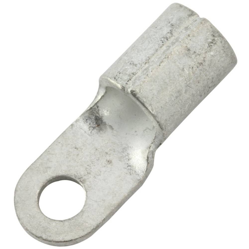 Aluminium-Kabelschuh mit einem flachen, kreisförmigen Loch an einem Ende und einem hohlen zylindrischen Ende für die Drahtverbindung, verwendet in elektrischen Anwendungen.