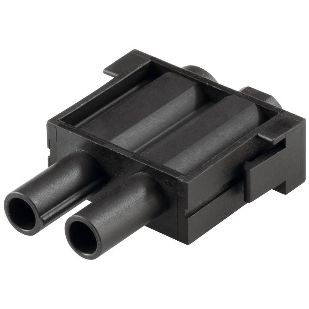 Ein schwarzer Kunststoff-Elektrostecker mit zwei zylindrischen Stiften, der zum Verbinden von Geräten in elektronischen Schaltkreisen verwendet wird.