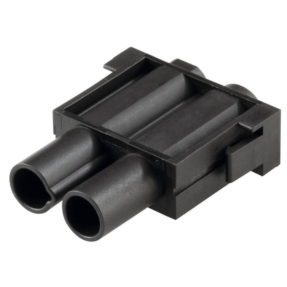 Ein zweipoliger schwarzer Kunststoff-Elektrostecker mit zylindrischen Anschlüssen zum Verdrahten.