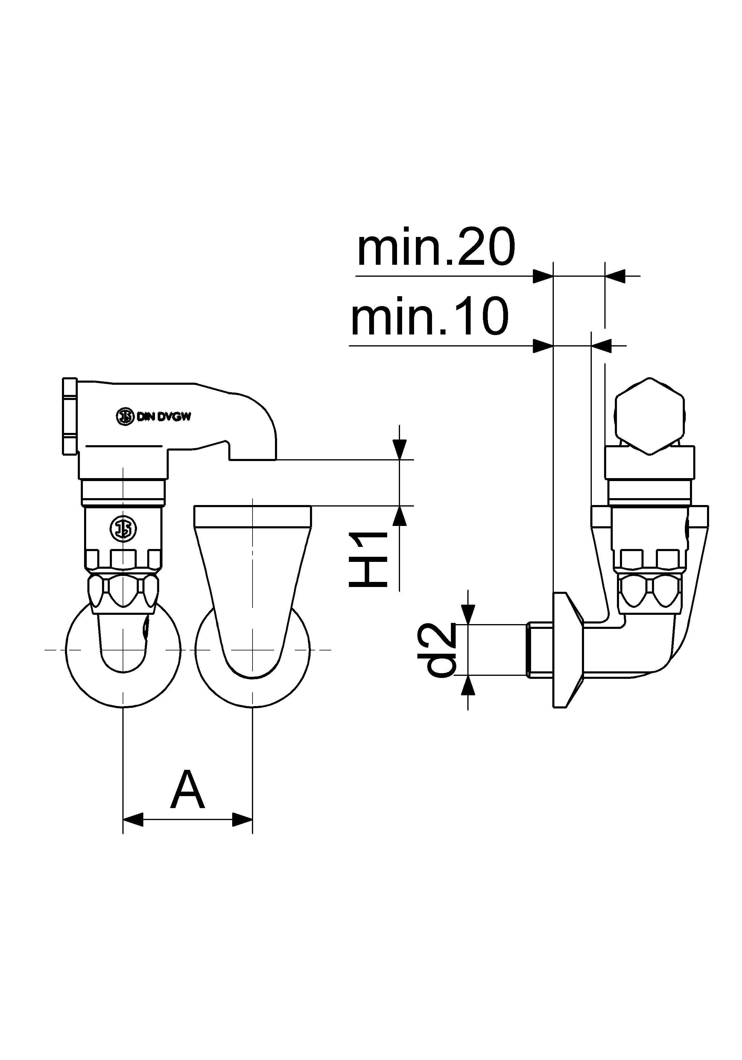 Technische Zeichnung einer Klammer- oder Ventilbaugruppe mit Vorder- und Seitenansicht, die die Abmessungen A, H1, d2 und minimale Freiraum min.20 und min.10 zeigt.