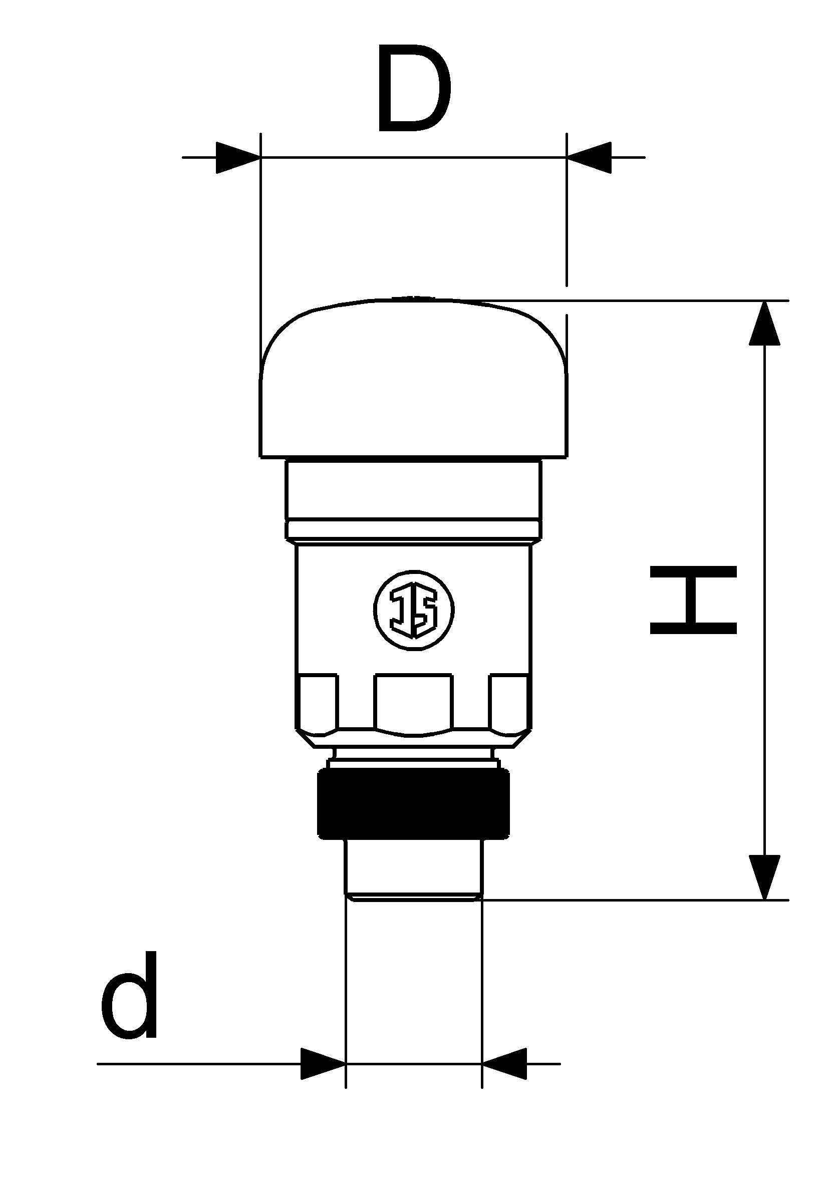 Technisches Diagramm eines zylindrischen Steckers mit den Abmessungen D über der Oberseite, H Höhe auf der rechten Seite und d Durchmesser am unteren Ende.