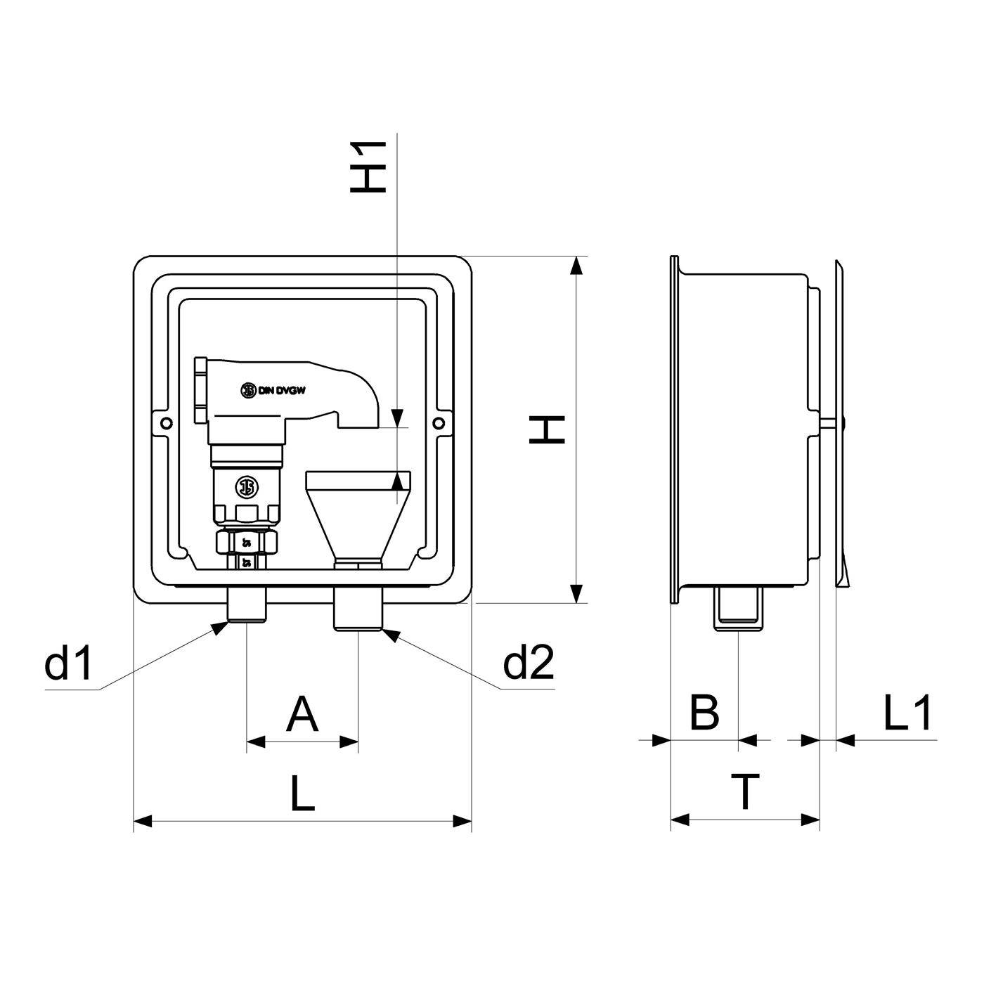 Technisches Abmessungsdiagramm eines wandmontierten Geräts mit Vorder- und Seitenansichten mit den Bezeichnungen H1, H, L, L1, T, A, B, d1 und d2.