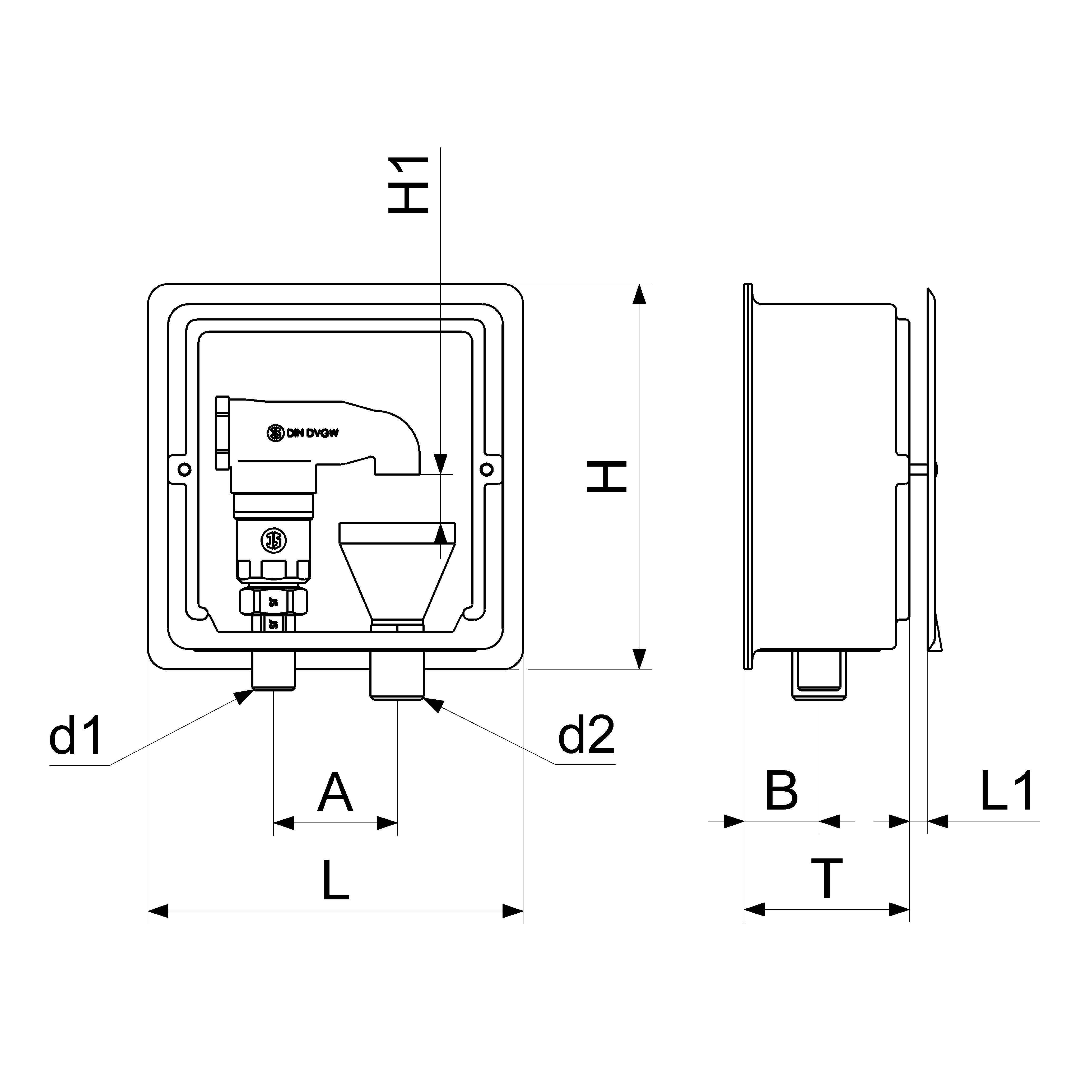 Bemaßte technische Zeichnung eines wandmontierten Geräts in Vorder- und Seitenansicht, gekennzeichnet mit den Messwerten H1, H, L, L1, T, A, B, d1 und d2.
