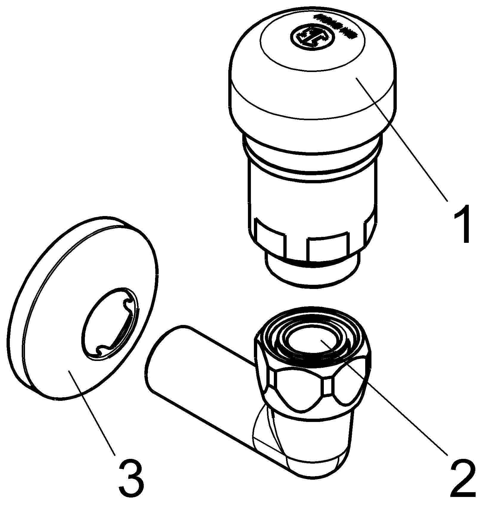 Explodierte Ansicht einer dreiteiligen mechanischen Baugruppe mit den Bezeichnungen 1, 2 und 3, die eine obere Kappe, einen Gewindeverbinder und ein rundes Basisteil zeigt.