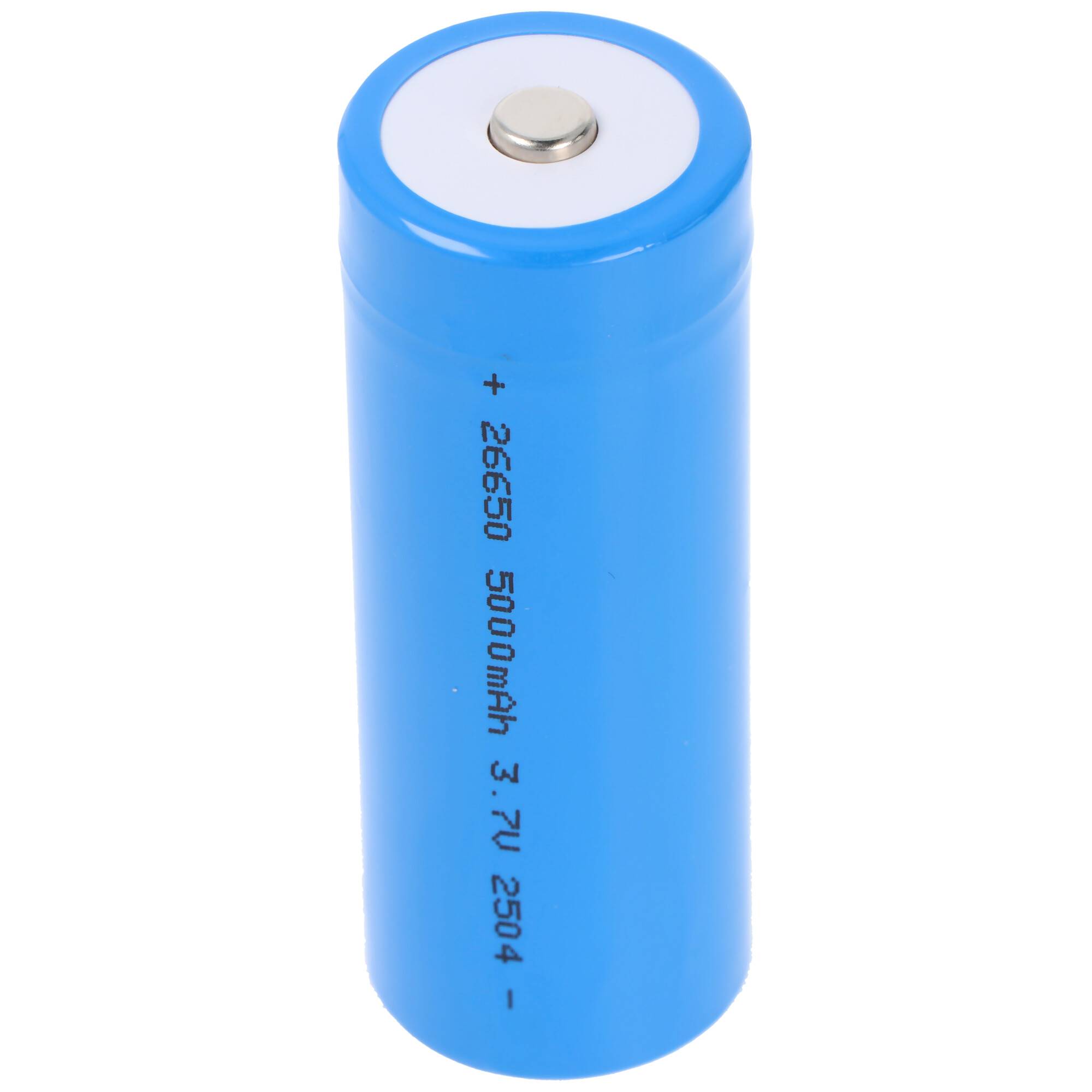 Eine blaue zylindrische Batterie mit der Aufschrift „+ 26650 5000mAh 3.7V 2504