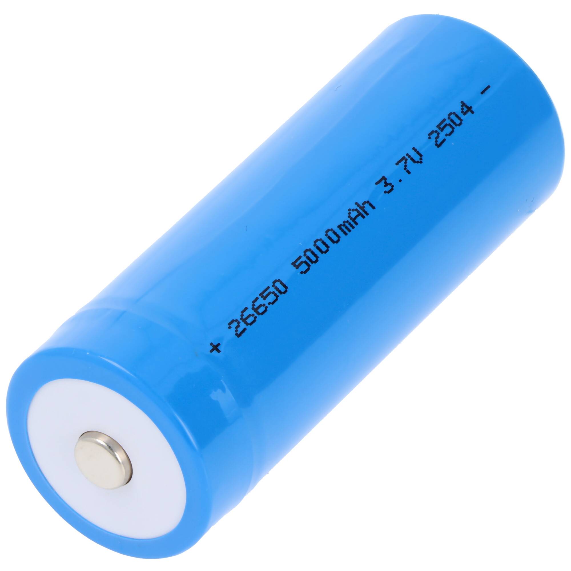 Eine blaue zylindrische Batterie mit der Aufschrift „+ 26650 5000mAh 3.7V 2504
