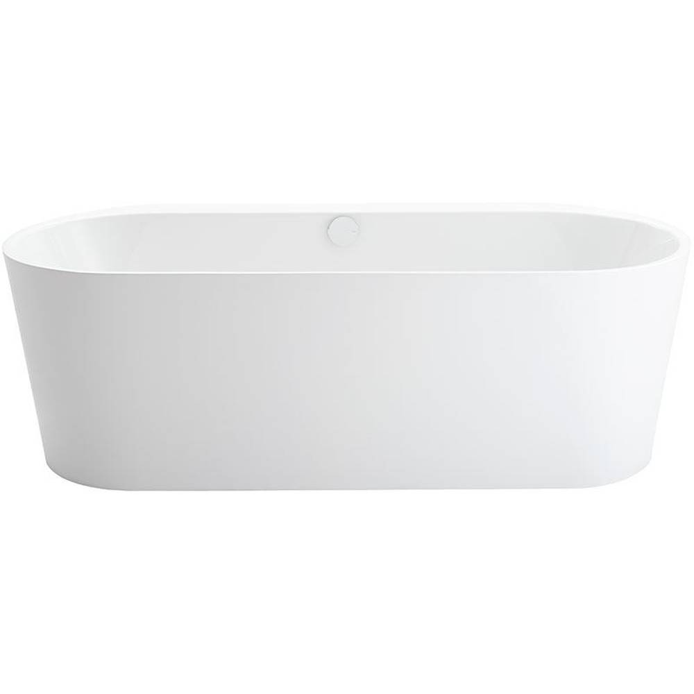 Freistehende weiße Ovalbadewanne auf weißem Hintergrund, Frontansicht.
