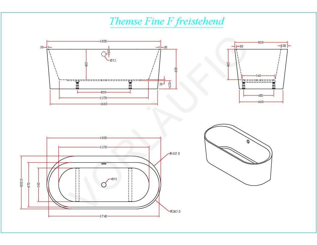 Technische Zeichnung der freistehenden Badewanne 'Themse F' mit Draufsicht, Seitenansicht, Vorderansicht und isometrischer Ansicht sowie Abmessungsmessungen.